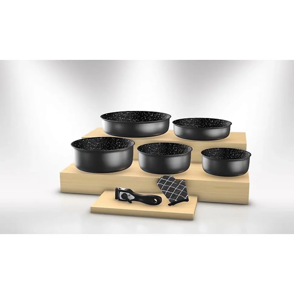 Batterie de cuisine revêtement pierre avec manche amovible 7 pièces noir Herzberg HG8053-BLK