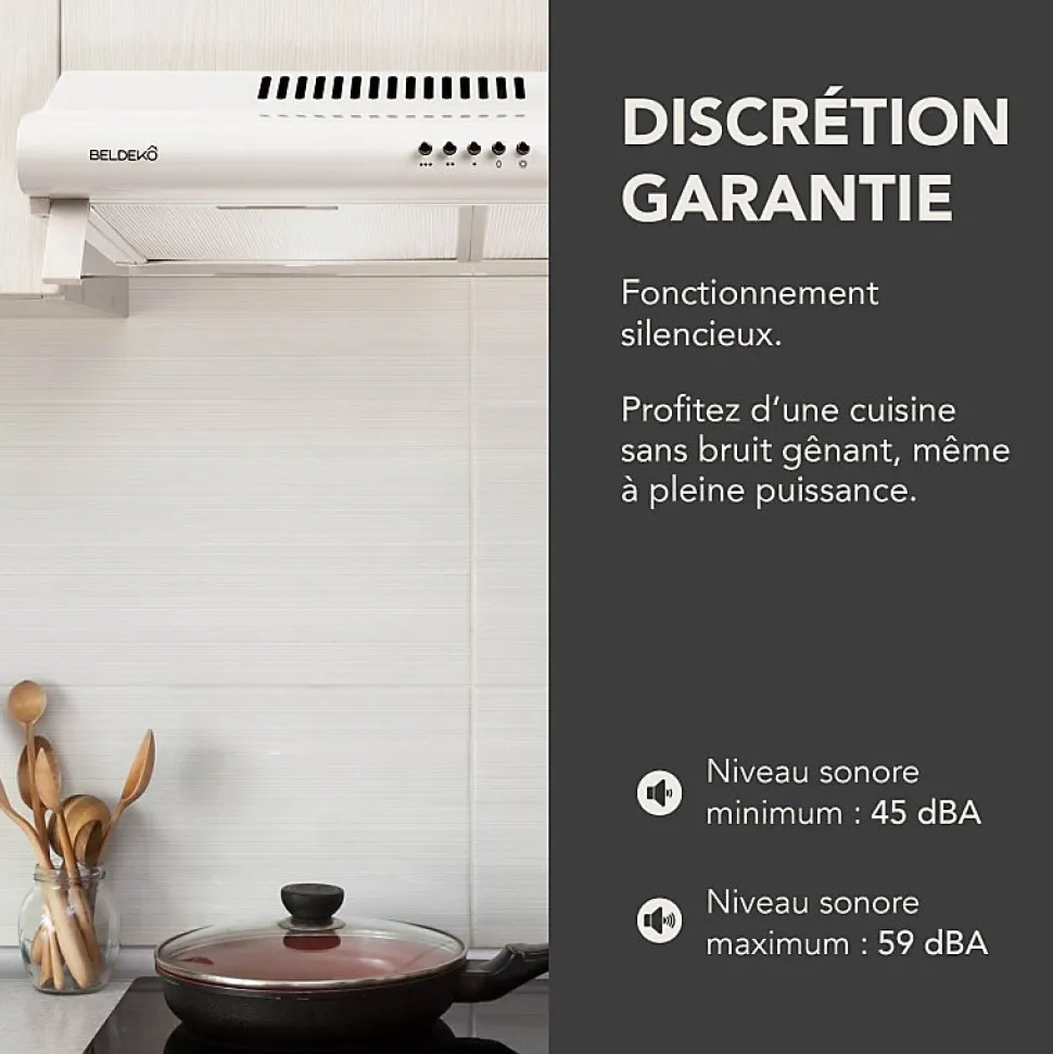 BELDEKO - Hotte Casquette / Visière 60 cm BLANC 240 m3/h 2 Filtres à charbon
