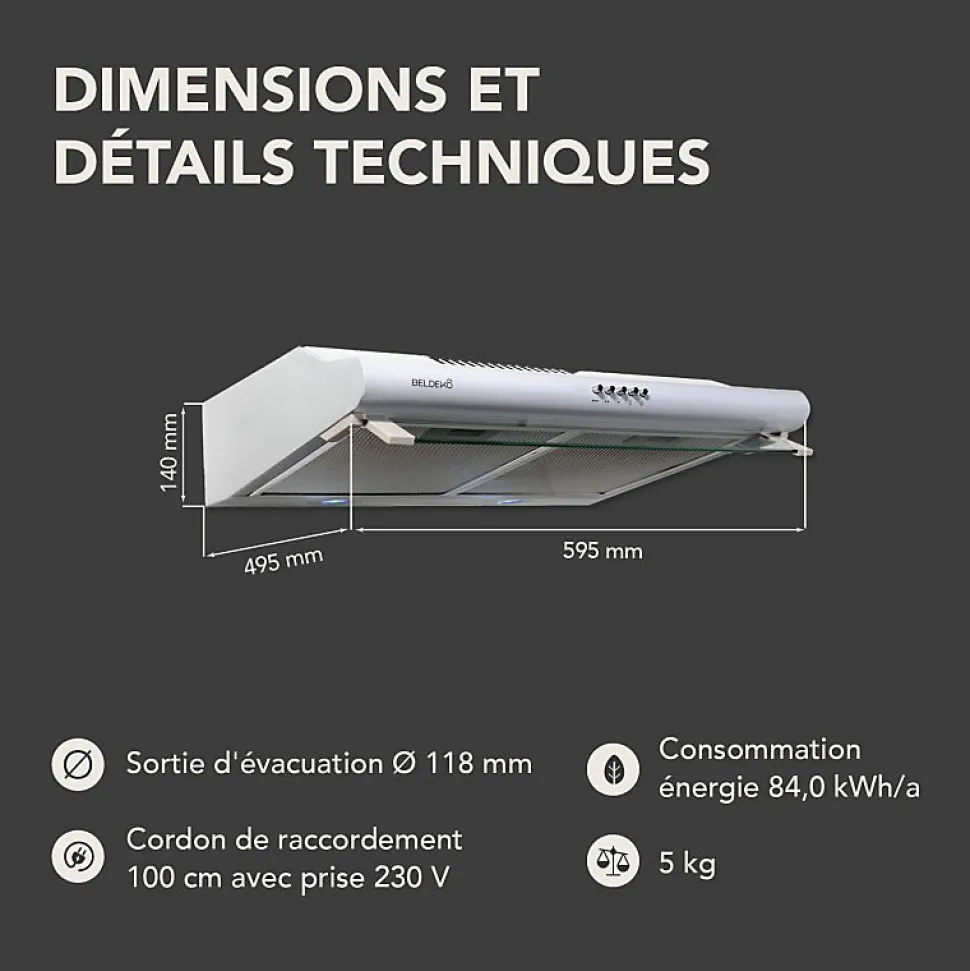 BELDEKO - Hotte Casquette / Visière 60 cm BLANC 240 m3/h 2 Filtres à charbon