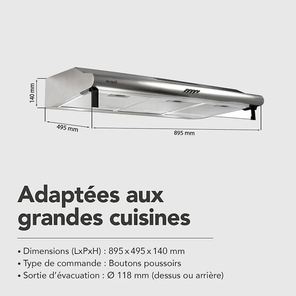 BELDEKO - Hotte Casquette / Visière 90 cm INOX 420 m3/h