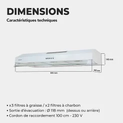 BELDEKO - Hotte casquette / Visière / Rivage 90 cm - Blanche - 200W - Double moteur - 438 m3/H