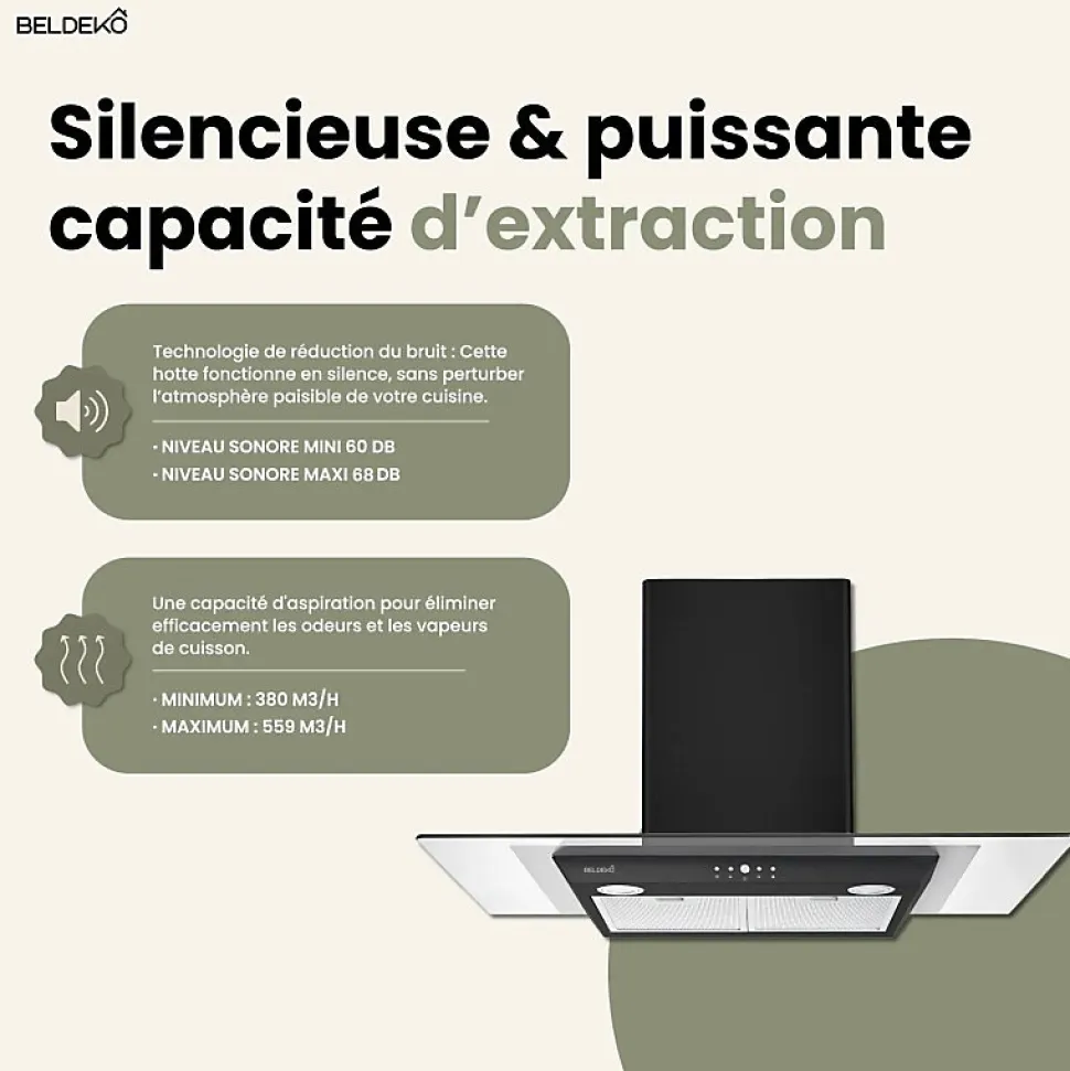 BELDEKO - Hotte Décorative Murale 90 cm en Verre et Noir - Moteur 200 W, Puissance d'extraction 559 m3/h