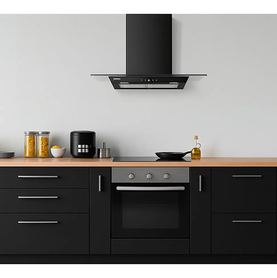 BELDEKO - Hotte Décorative Murale 90 cm en Verre et Noir - Moteur 200 W, Puissance d'extraction 559 m3/h