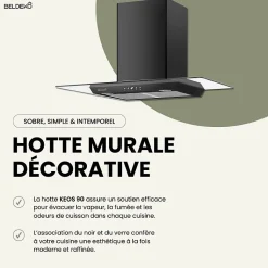 BELDEKO - Hotte Décorative Murale 90 cm en Verre et Noir - Moteur 200 W, Puissance d'extraction 559 m3/h