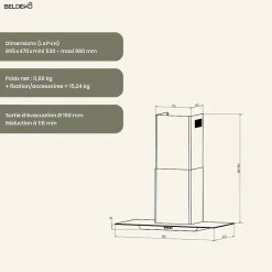 BELDEKO - HOTTE DECORATIVE MURALE 90 CM - VERRE ET INOX - 200W - Puissance d'extraction 559 m3/h
