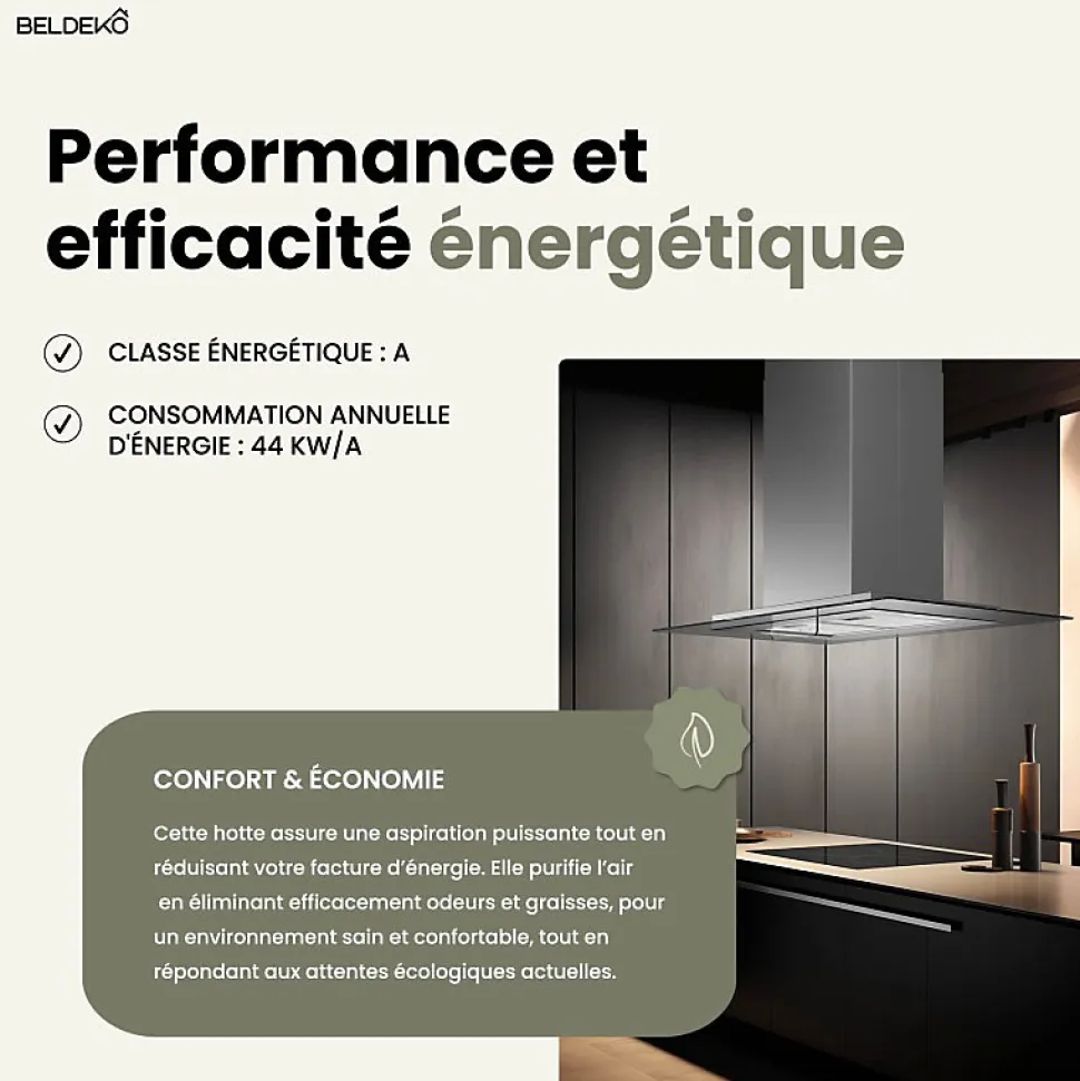 BELDEKO - Hotte îlot aspirante 90 cm INOX - Minuteur - Débit 556 m3/h - 3 vitesses - LUDIA 90 XS