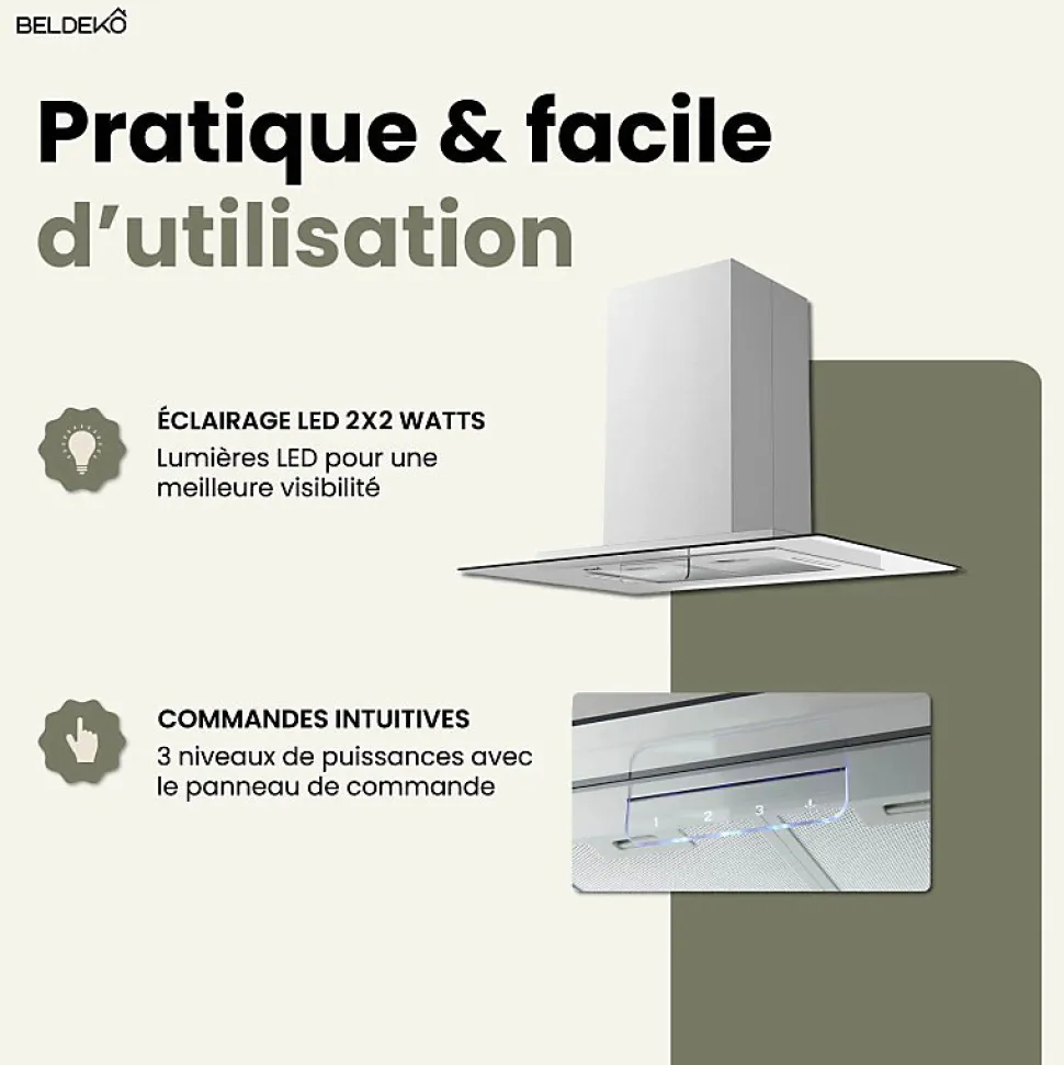 BELDEKO - Hotte îlot aspirante 90 cm INOX - Minuteur - Débit 556 m3/h - 3 vitesses - LUDIA 90 XS