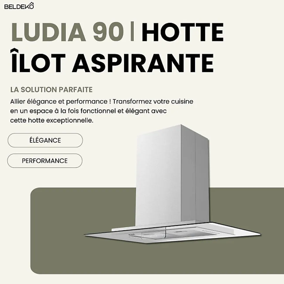 BELDEKO - Hotte îlot aspirante 90 cm INOX - Minuteur - Débit 556 m3/h - 3 vitesses - LUDIA 90 XS