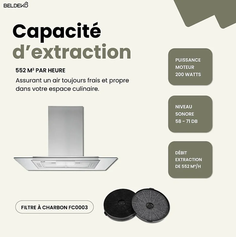 BELDEKO - Hotte îlot aspirante 90 cm INOX - Minuteur - Débit 556 m3/h - 3 vitesses - LUDIA 90 XS