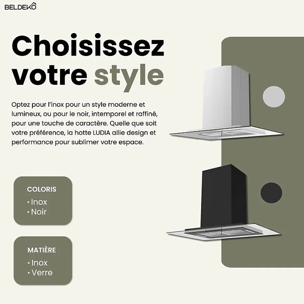 BELDEKO - Hotte îlot aspirante 90 cm INOX - Minuteur - Débit 556 m3/h - 3 vitesses - LUDIA 90 XS