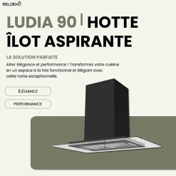 BELDEKO - Hotte îlot aspirante 90 cm NOIR - Minuteur - Débit 556 m3/h - 3 vitesses - LUDIA 90 BK