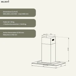BELDEKO - Hotte îlot aspirante 90 cm NOIR - Minuteur - Débit 556 m3/h - 3 vitesses - LUDIA 90 BK