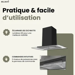 BELDEKO - Hotte îlot aspirante 90 cm NOIR - Minuteur - Débit 556 m3/h - 3 vitesses - LUDIA 90 BK