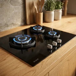 BELDEKO - Plaque de cuisson Gaz verre noir 3 foyers - Gaz ville et bouteille - grilles en fonte