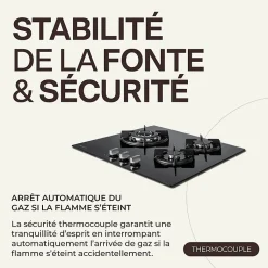 BELDEKO - Plaque de cuisson Gaz verre noir 3 foyers - Gaz ville et bouteille - grilles en fonte