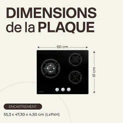 BELDEKO - Plaque de cuisson Gaz verre noir 3 foyers - Gaz ville et bouteille - grilles en fonte