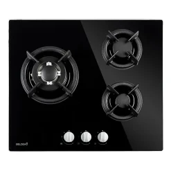 BELDEKO - Plaque de cuisson Gaz verre noir 3 foyers - Gaz ville et bouteille - grilles en fonte