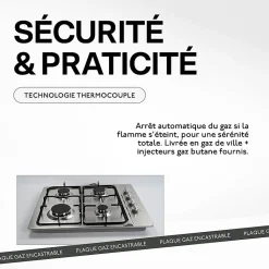 BELDEKO - Plaque de cuisson gaz 4 feux Inox - 7500W - gaz de ville et bouteille - Encastrable