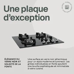 BELDEKO - Plaque de cuisson gaz 4 feux verre noir - 7500W - Grille fonte