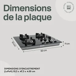 BELDEKO - Plaque de cuisson gaz 4 feux verre noir - 7500W - Grille fonte