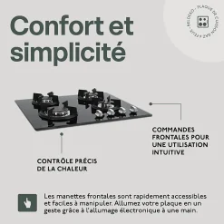 BELDEKO - Plaque de cuisson gaz 4 feux verre noir - 7500W - Grille fonte