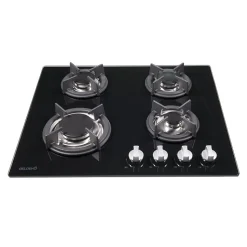 BELDEKO - Plaque de cuisson gaz 4 feux verre noir - 7500W - Grille fonte