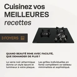 BELDEKO - Plaque de cuisson Gaz verre noir 3 zones - 5250 W - Gaz ville et bouteille - Grilles en fonte