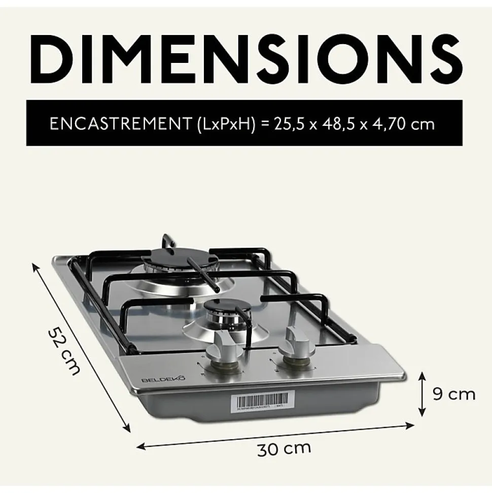 BELDEKO - Plaque Gaz 2 feux Inox - 3000W - Encastrable - Gaz ville et bouteille
