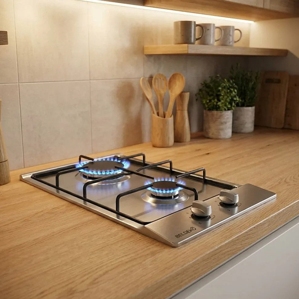 BELDEKO - Plaque Gaz 2 feux Inox - 3000W - Encastrable - Gaz ville et bouteille