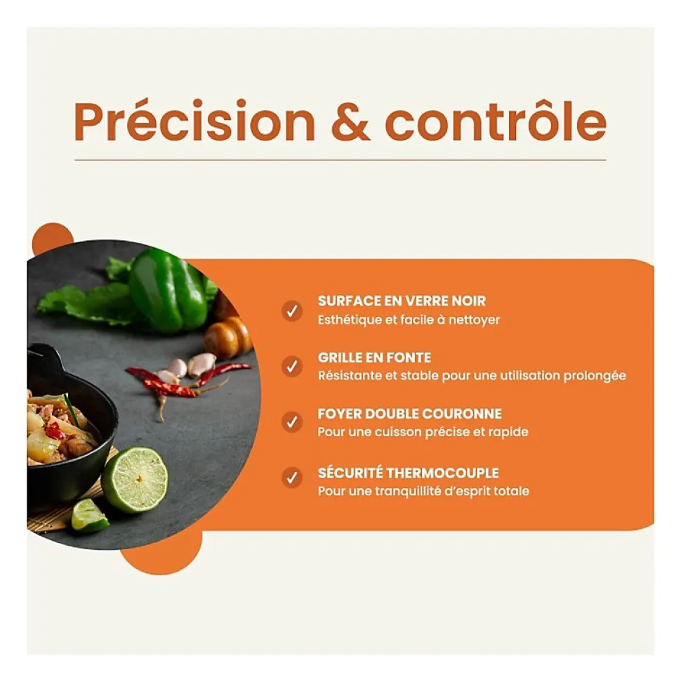 BELDEKO - Plaque Gaz verre noir - 1 Feu - encastrable - double couronne