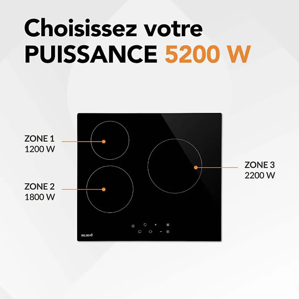 BELDEKO - Table de cuisson Vitrocéramique 3 foyers - Encastrable, Minuteur multi-zones Seulement 4,6 cm d'Épaisseur