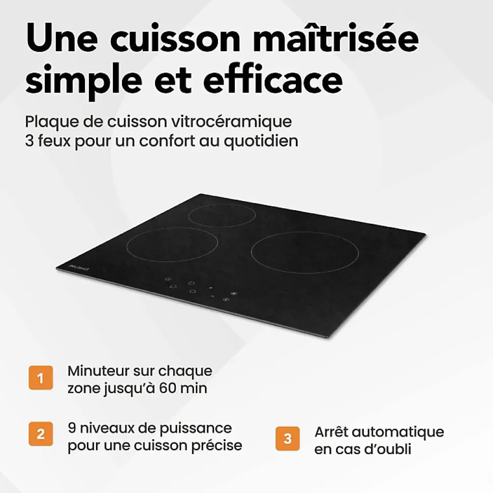 BELDEKO - Table de cuisson Vitrocéramique 3 foyers - Encastrable, Minuteur multi-zones Seulement 4,6 cm d'Épaisseur