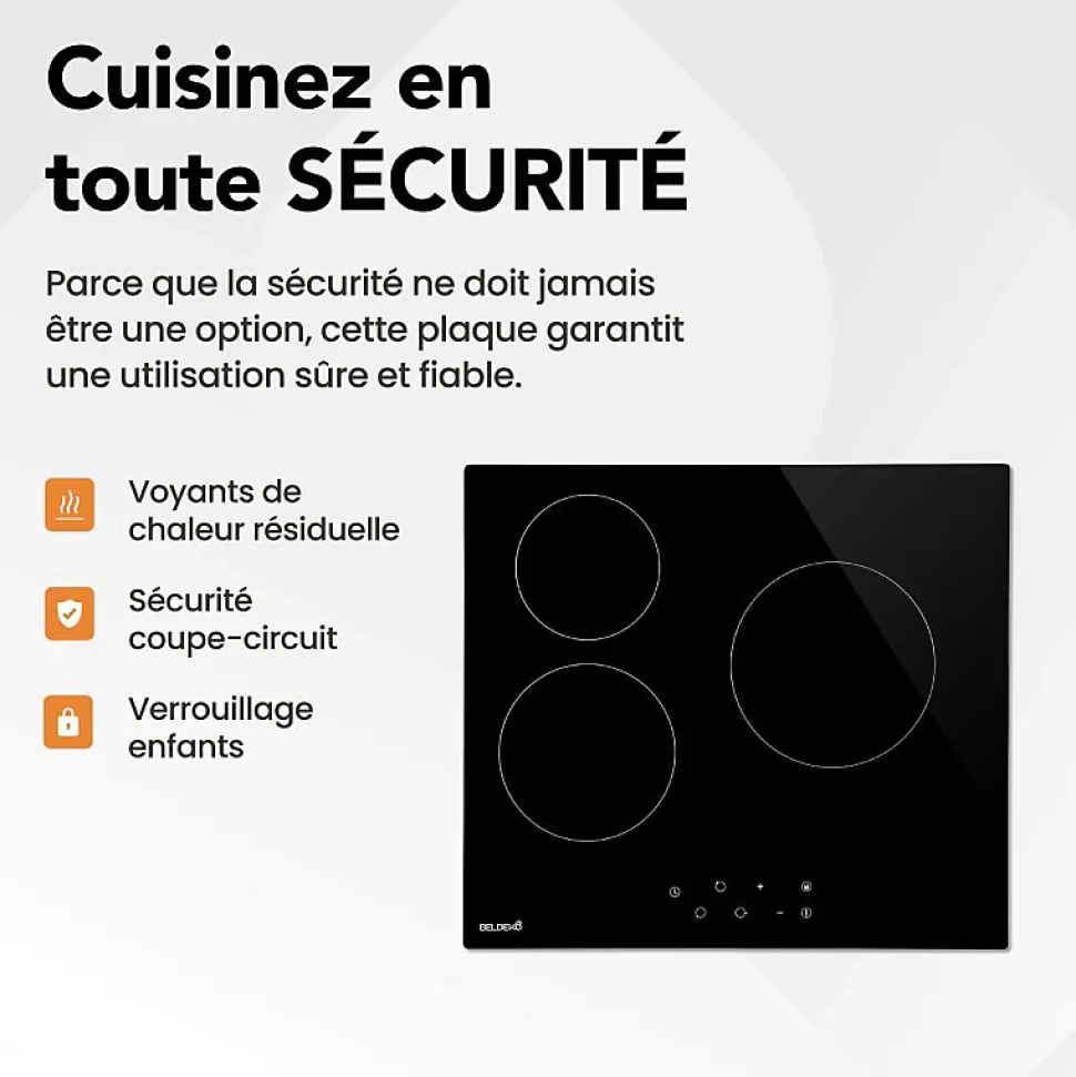 BELDEKO - Table de cuisson Vitrocéramique 3 foyers - Encastrable, Minuteur multi-zones Seulement 4,6 cm d'Épaisseur