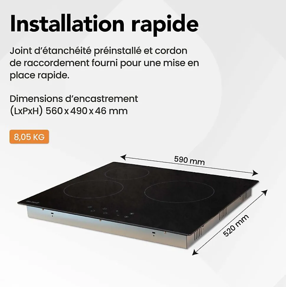 BELDEKO - Table de cuisson Vitrocéramique 3 foyers - Encastrable, Minuteur multi-zones Seulement 4,6 cm d'Épaisseur