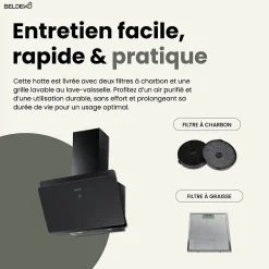 BELDEKO Hotte Inclinée NOIR 60 cm 455 m3/h - Hotte Silencieuse - Recyclage ou Evacuation