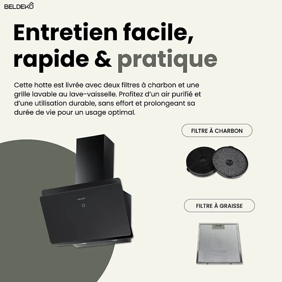 BELDEKO Hotte Inclinée NOIR 60 cm 455 m3/h - Hotte Silencieuse - Recyclage ou Evacuation