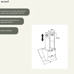 BELDEKO Hotte Inclinée NOIR 60 cm 455 m3/h - Hotte Silencieuse - Recyclage ou Evacuation