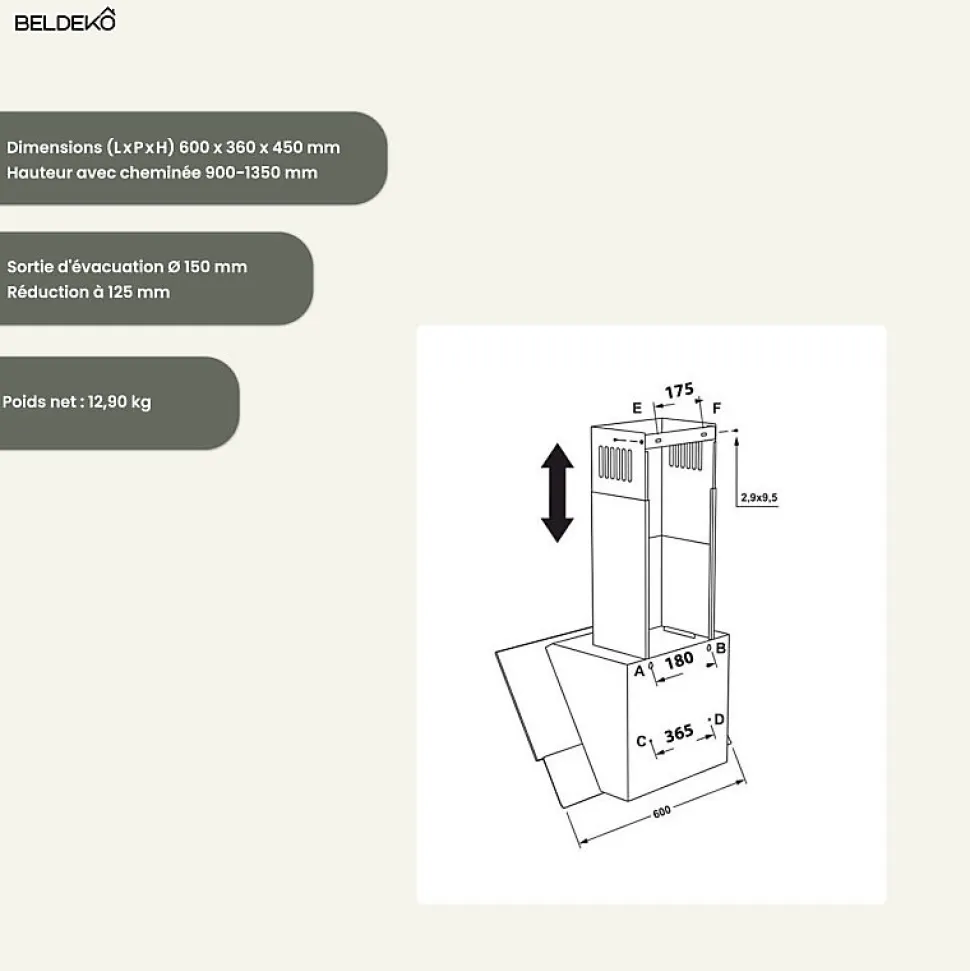 BELDEKO Hotte Inclinée NOIR 60 cm 455 m3/h - Hotte Silencieuse - Recyclage ou Evacuation