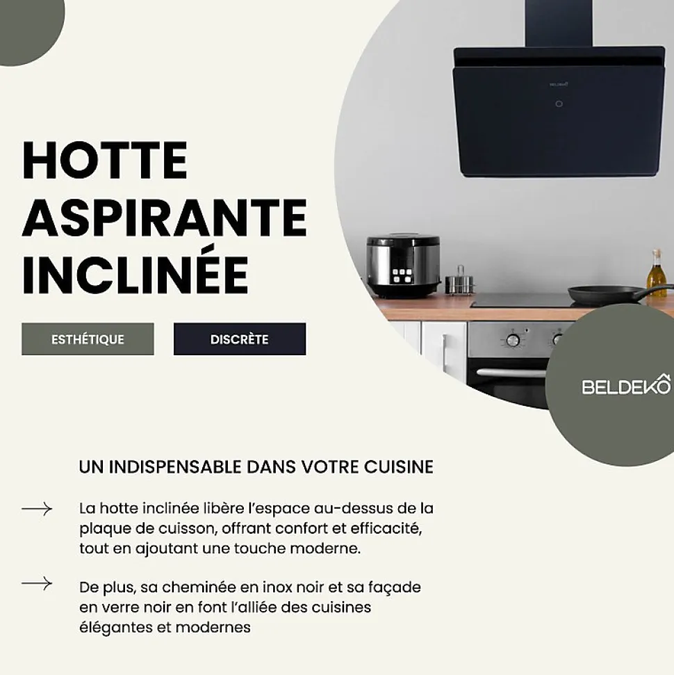 BELDEKO Hotte Inclinée NOIR 60 cm 455 m3/h - Hotte Silencieuse - Recyclage ou Evacuation