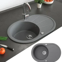 Bergström Évier Gris 78x50cm Rond avec emplacement de séchage