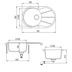 Bergström Évier Gris 78x50cm Rond avec emplacement de séchage