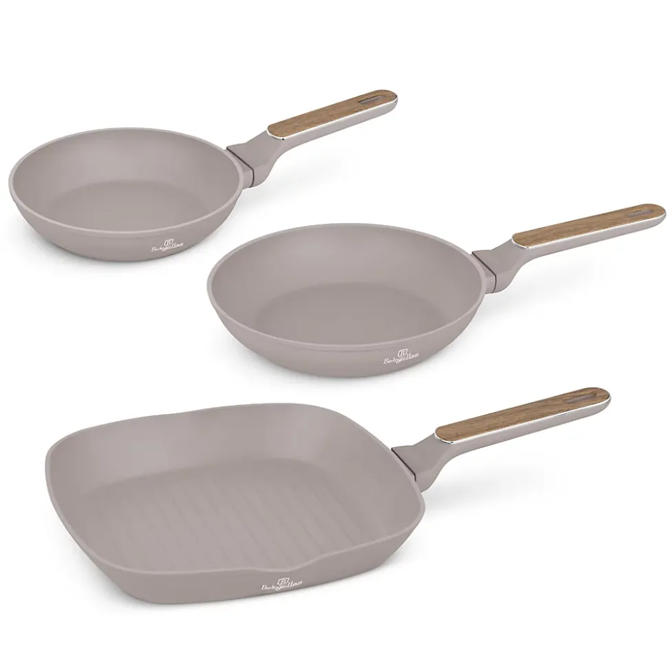 Berlinger Haus Trio de Poêles Antiadhésives 3pcs- Aluminium forgé, induction, manche ergonomique, sans PFOA, Gamme Nordique Taupe