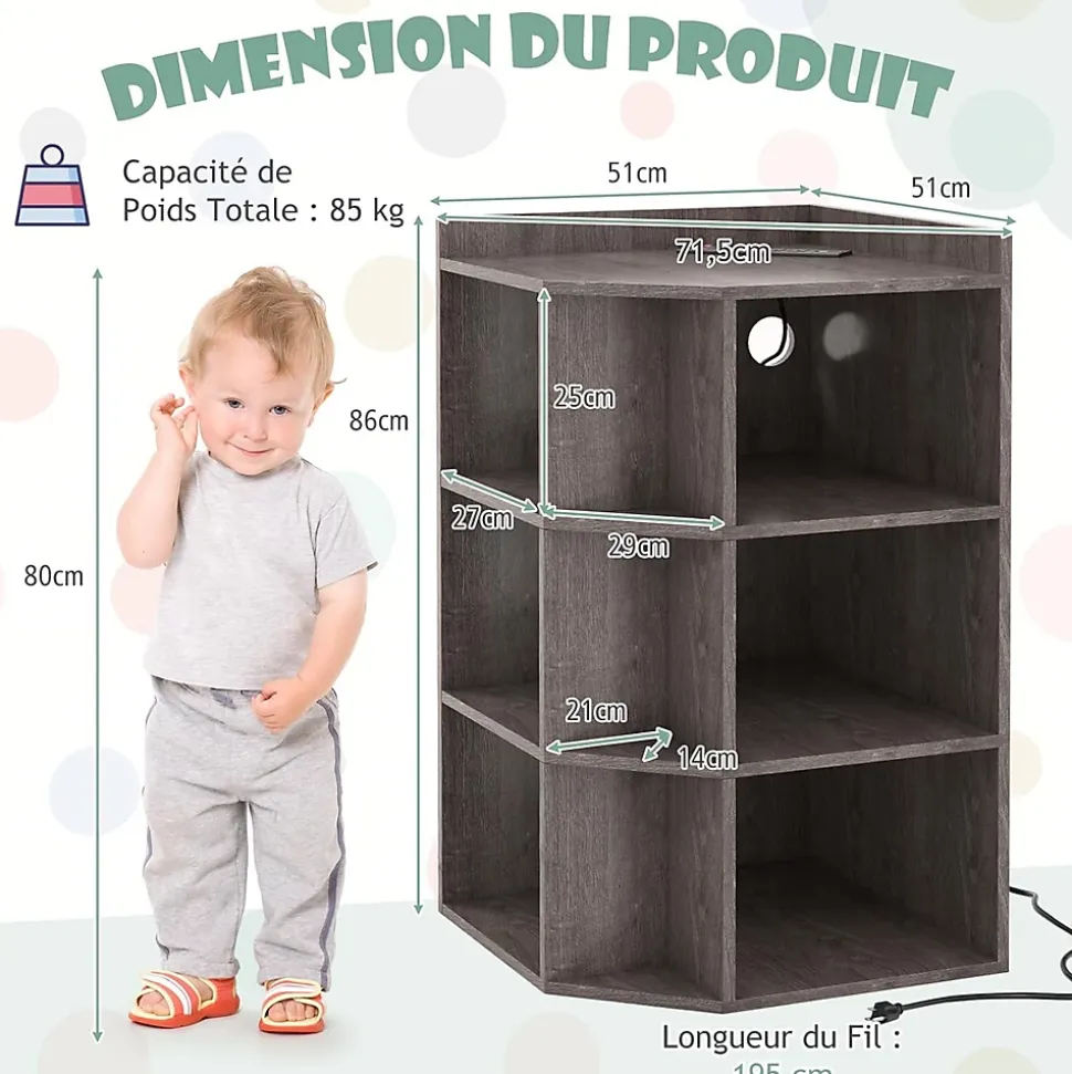 Bibliothèque angle avec Station de Charge 4 Prises 2 USB 3 Niveaux avec 9 Casiers pour Jouets Livres Gris