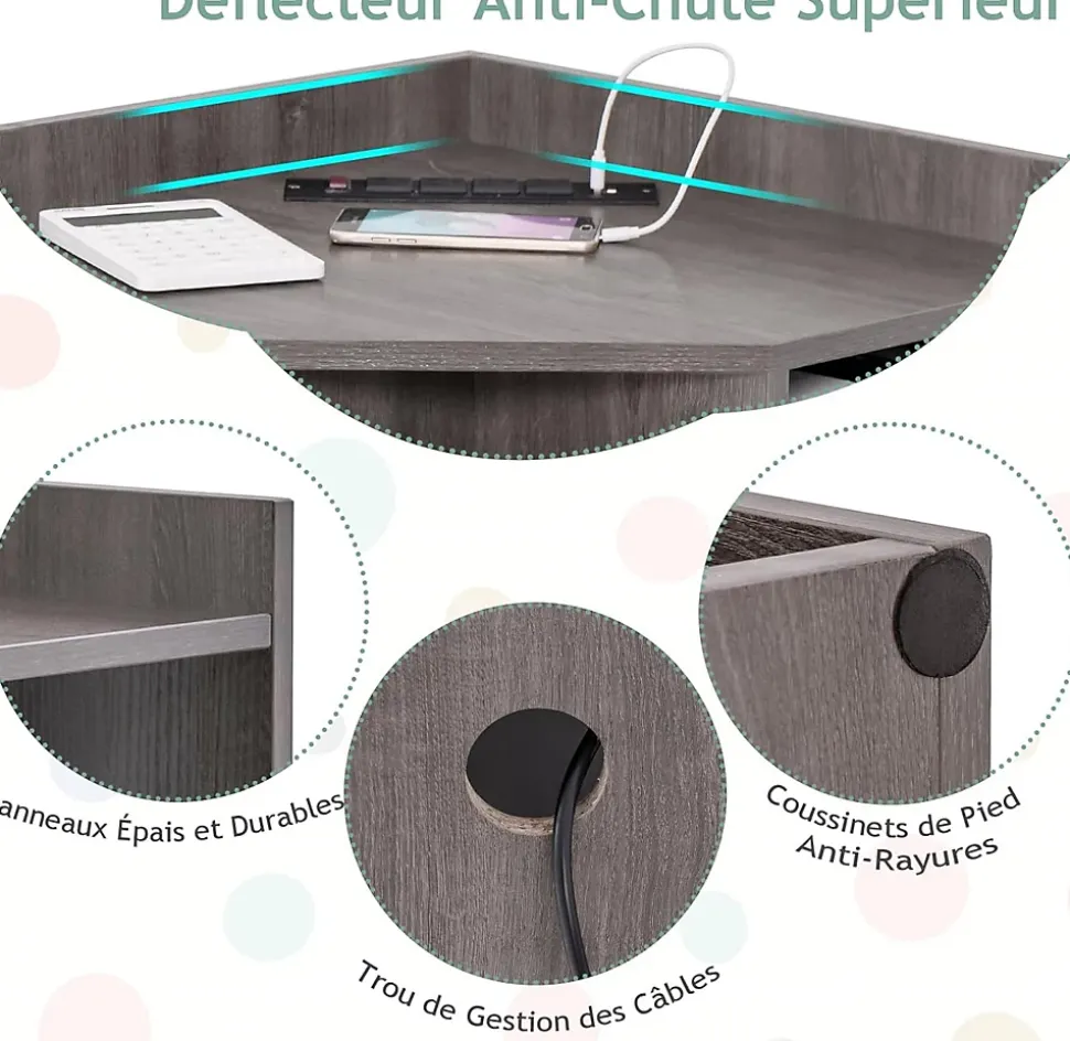 Bibliothèque angle avec Station de Charge 4 Prises 2 USB 3 Niveaux avec 9 Casiers pour Jouets Livres Gris