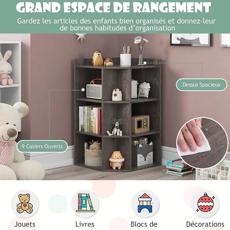 Bibliothèque angle avec Station de Charge 4 Prises 2 USB 3 Niveaux avec 9 Casiers pour Jouets Livres Gris