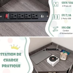 Bibliothèque angle avec Station de Charge 4 Prises 2 USB 3 Niveaux avec 9 Casiers pour Jouets Livres Gris