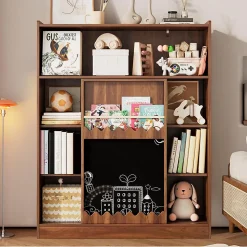 Bibliothèque avec tableau et portes coulissantes,120x38,5x151,5cm,couleur noyer, 9 compartiments et rangement pour livres d'images