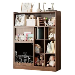 Bibliothèque avec tableau et portes coulissantes,120x38,5x151,5cm,couleur noyer, 9 compartiments et rangement pour livres d'images