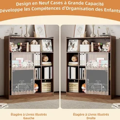 Bibliothèque avec tableau et portes coulissantes,120x38,5x151,5cm,couleur noyer, 9 compartiments et rangement pour livres d'images