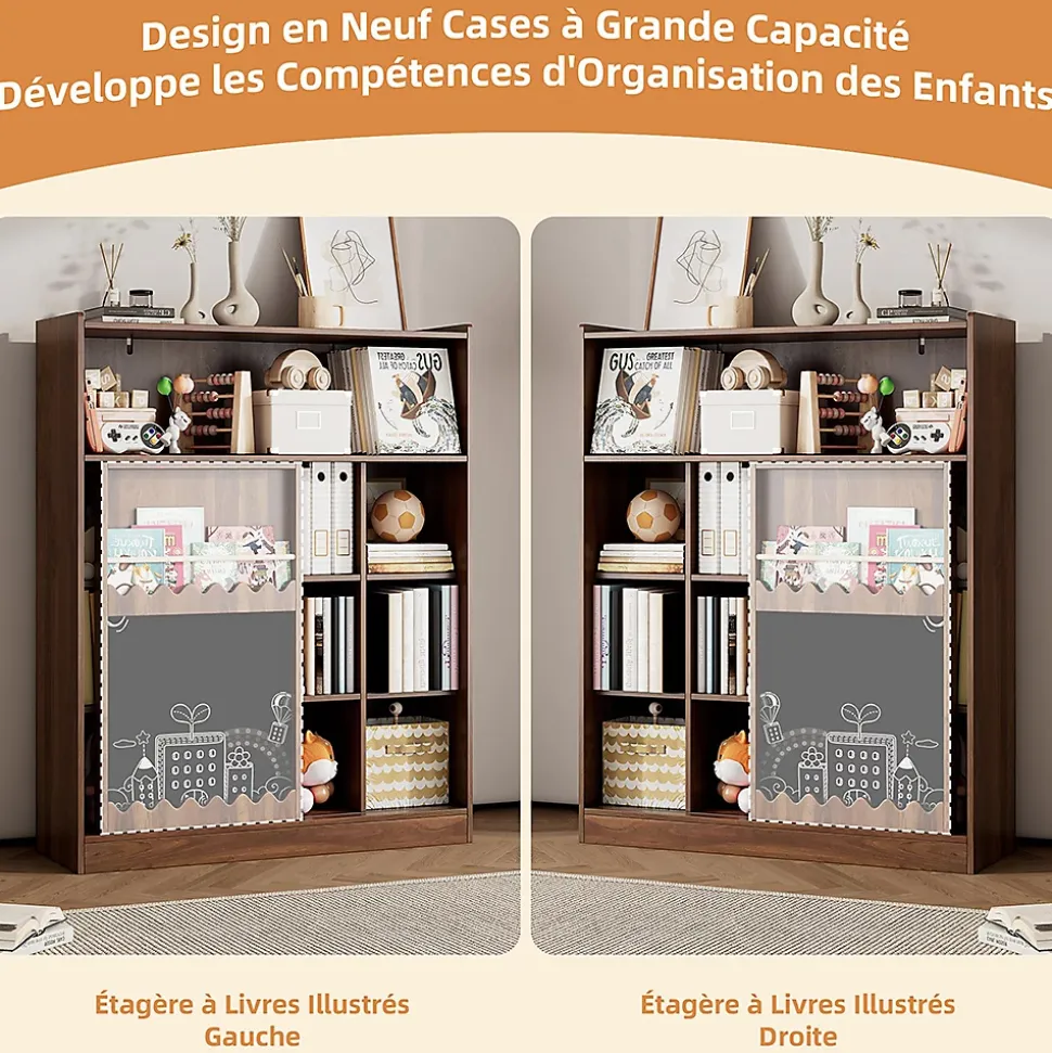 Bibliothèque avec tableau et portes coulissantes,120x38,5x151,5cm,couleur noyer, 9 compartiments et rangement pour livres d'images